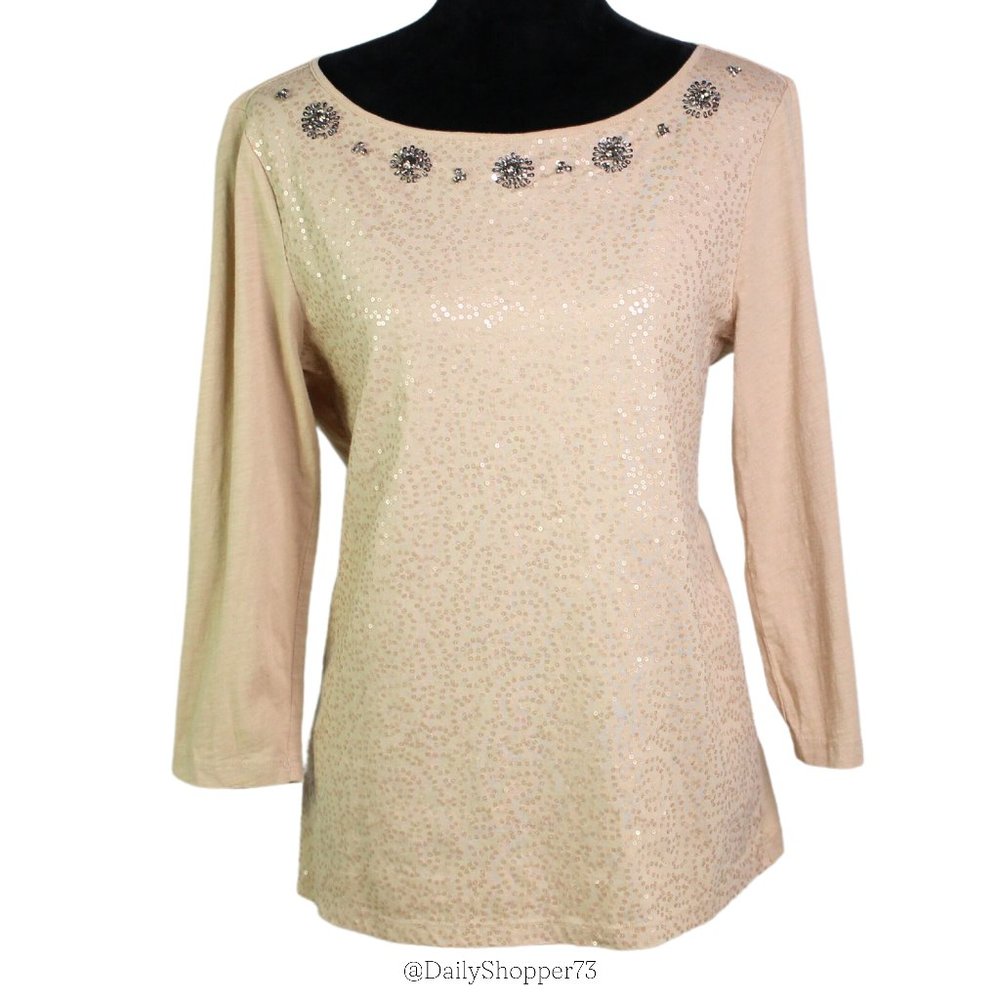 LOFT Ann Taylor Outlet Women's Cotton Light Tan Sequin & Floral Grey Beaded Top